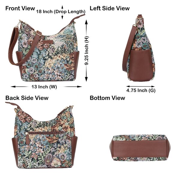 Botanical Pattern Tapestry Fabric Hobo Crossbody Bag for Women, Sling Bag - Picture 3 of 8